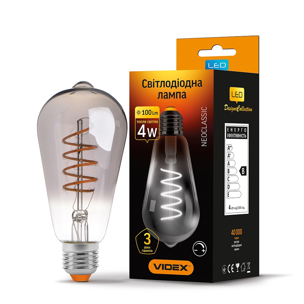 

LED лампа VIDEX Filament ST64FGD 4W E27 2100K Диммерная графит