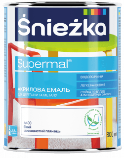 

Эмаль Sniezka акриловая водорастворимая Supermal белый шелковистый глянец (0,8 л) Белая (561)