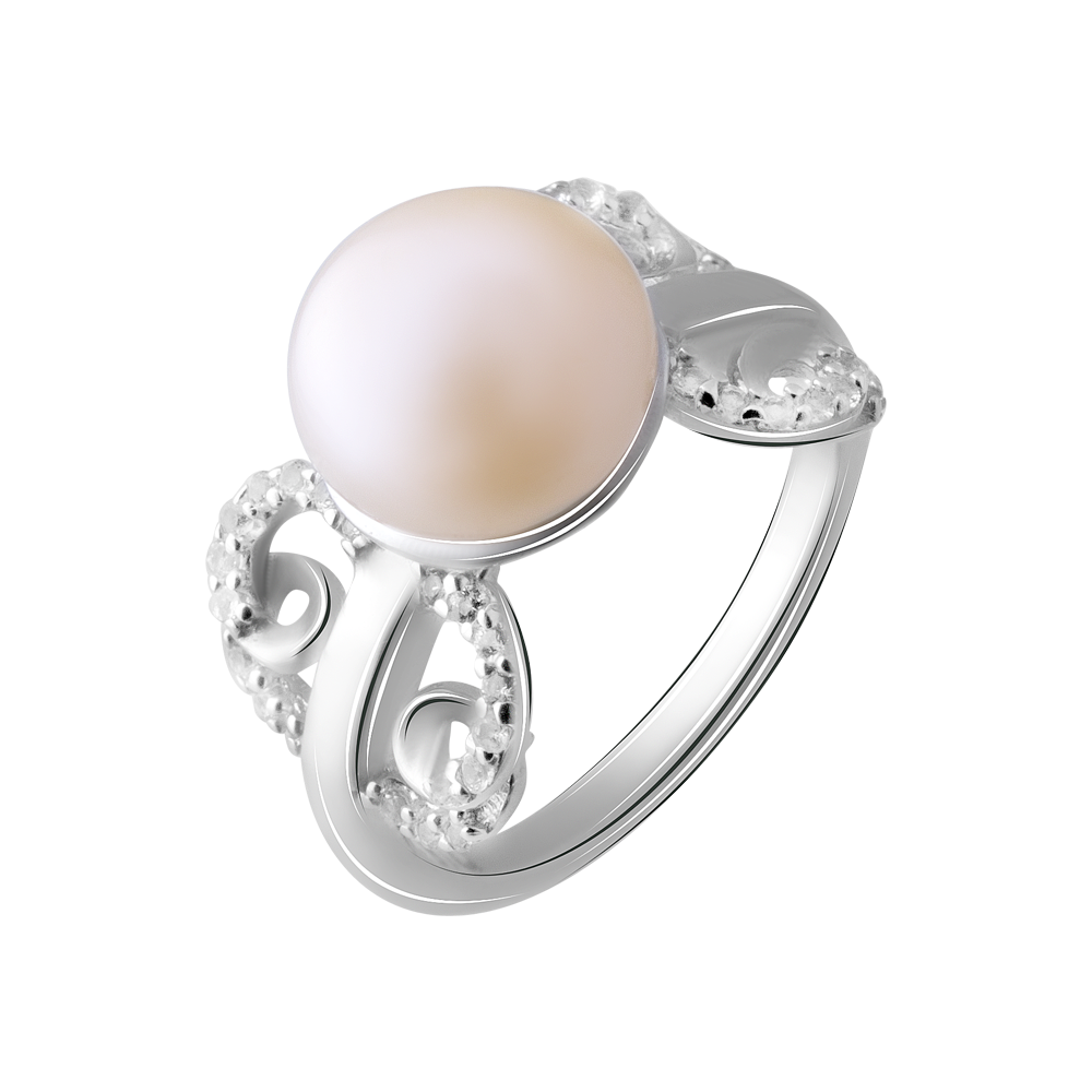 

Срібна каблучка 925 проби 4,19 гр. з персиковою перлиною з о.Таїті "Maruata Pearls" та білими топазами 4,97 карат Valentine розмір 16.5