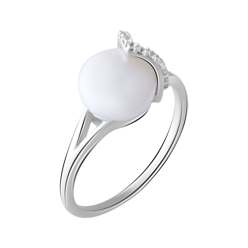 

Срібна каблучка 925 проби 2,93 гр. з білою перлиною з о.Таїті "Maruata Pearls" та білими топазами 5,55 карат Valentine розмір 19.0