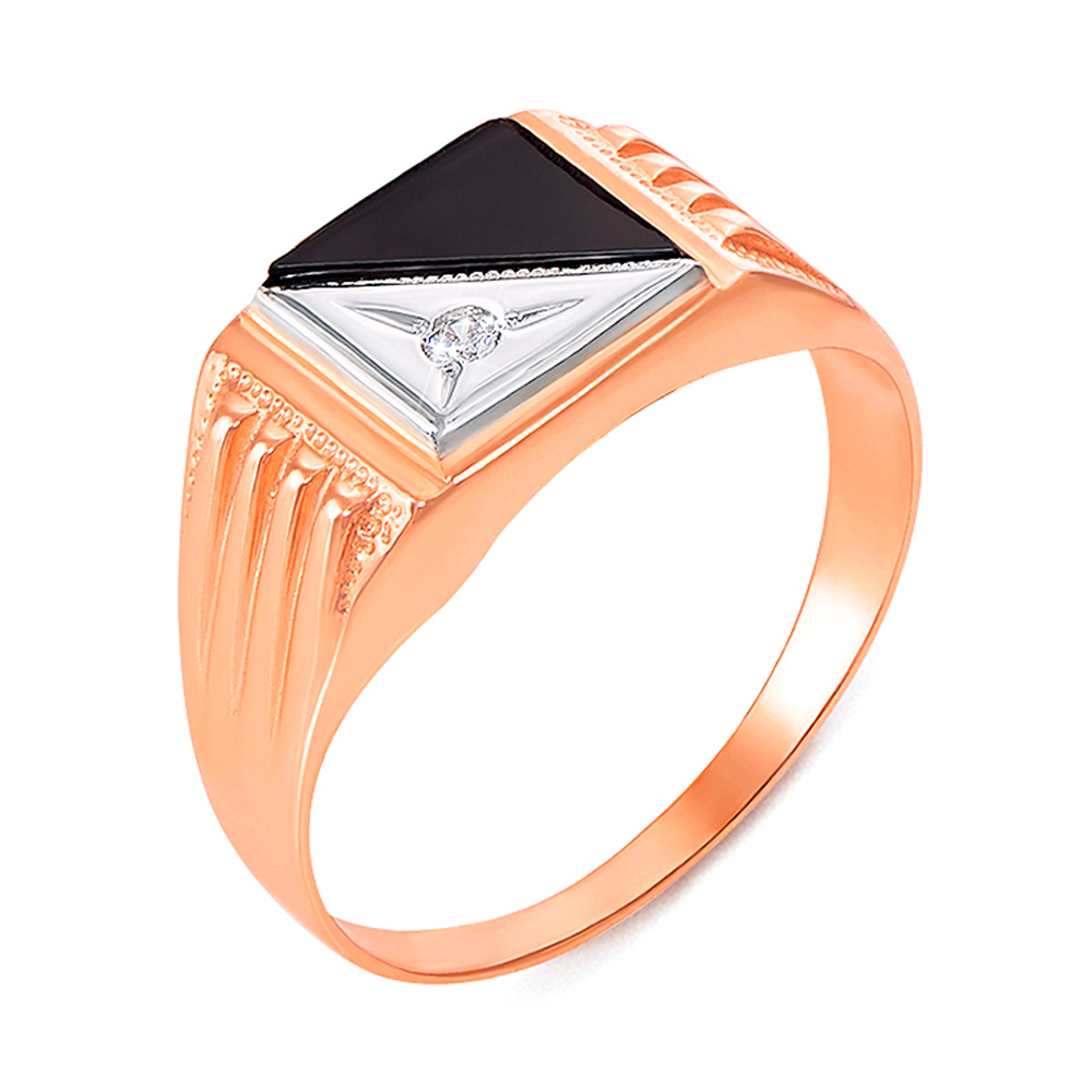 

Золотой перстень-печатка в комбинированном цвете с черным ониксом и цирконием 000104114 22.5 размера