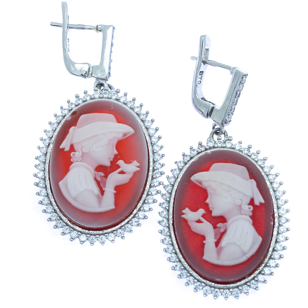

Срібні сережки 925 проби 14,12 гр. з камея на червоному оніксі з цирконами 24,76 карат Valentine