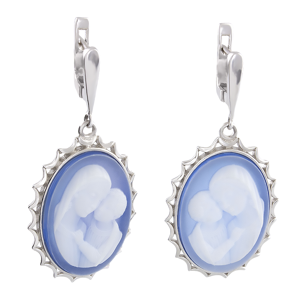 

Срібні сережки 925 проби 12,28 гр. з камеєю на синьому оніксі 21,35 карат Valentine