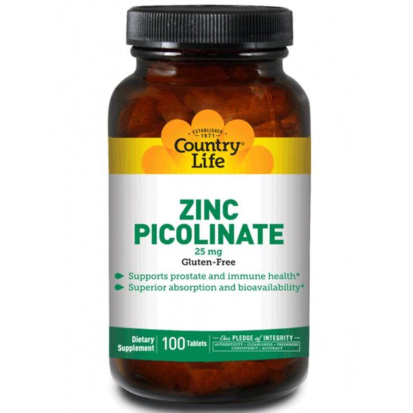

Цинк пиколинат Zinc Picolinate Country Life 25 мг 100 таблеток (COL036)