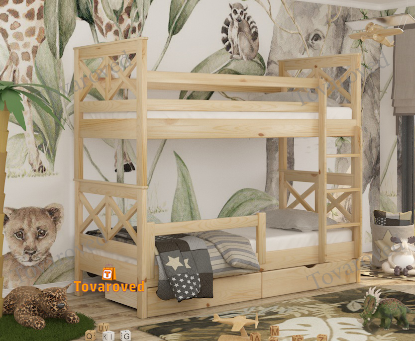 

Двухъярусная кровать с Ящиками 90х190 и бортиком защитным внизу Wellmebely Маугли Трансформер сосна Бук Л6