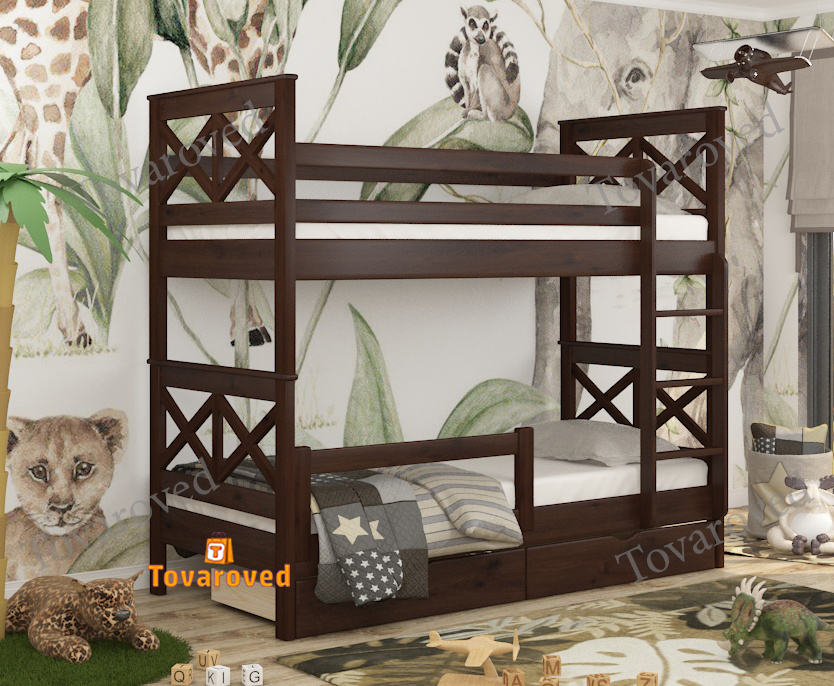 

Двухъярусная кровать с Ящиками 90х190 и бортиком защитным внизу Wellmebely Маугли Трансформер сосна Орех Темный Л6