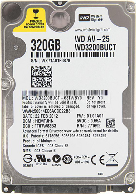 

Жесткий диск Western Digital 320ГБ 5400об/м 16МБ 2.5" SATA II (WD3200BUCT) New