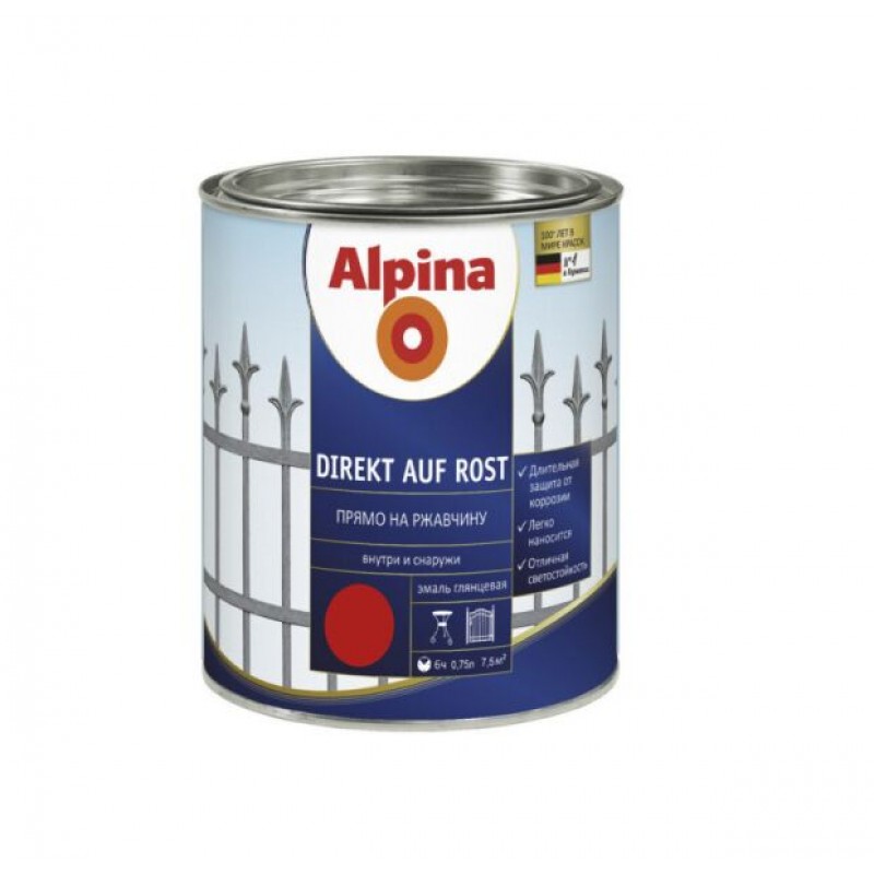 

Эмаль Алкидная Alpina Direkt Auf Rost (Огненно Красный) RAL3000 0,75л