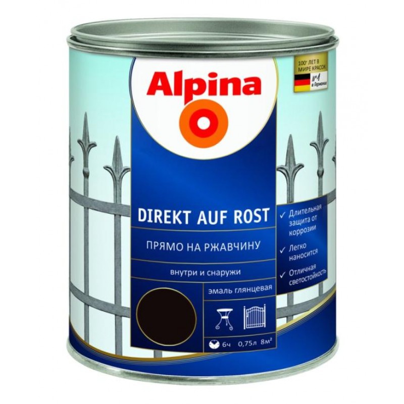 

Эмаль Алкидная Alpina Direkt Auf Rost (Черный) RAL9005 0,75л