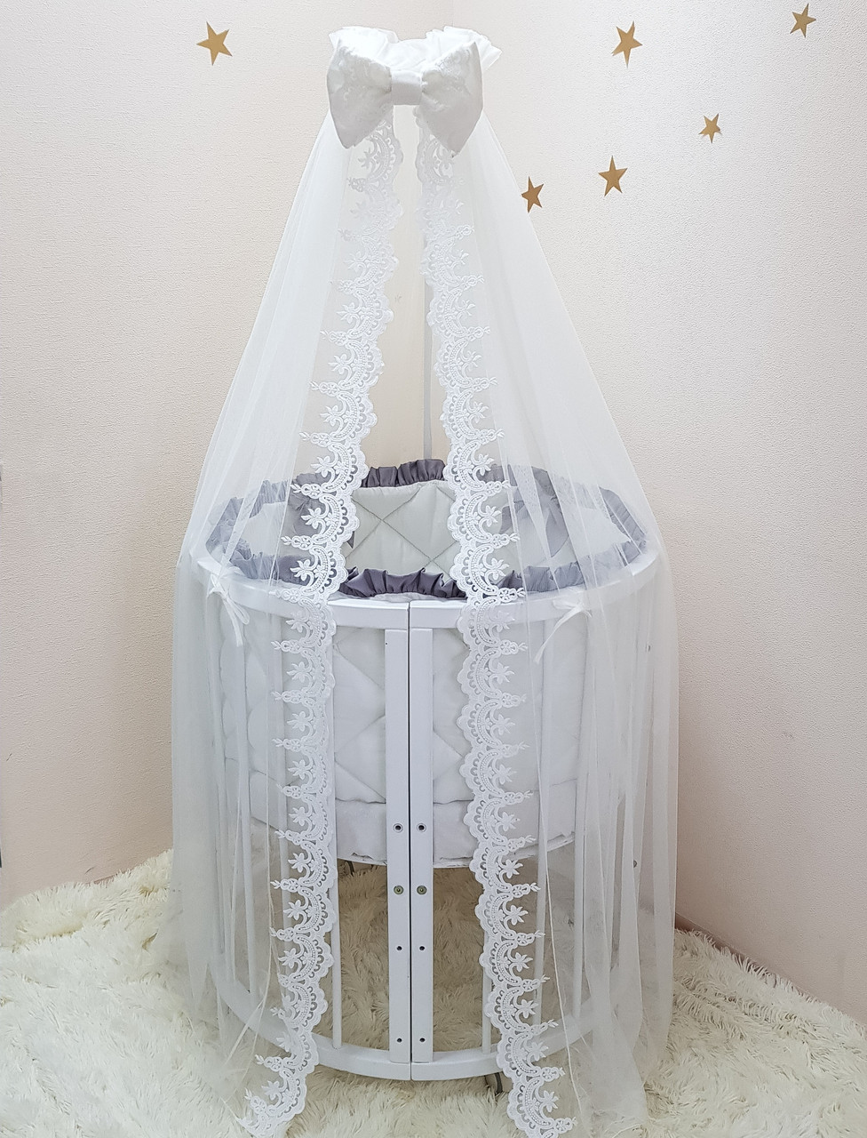 

Комплект в кроватку Маленькая соня Belissimo сатин овал с бортиками 7 предметов детский серый арт.015652