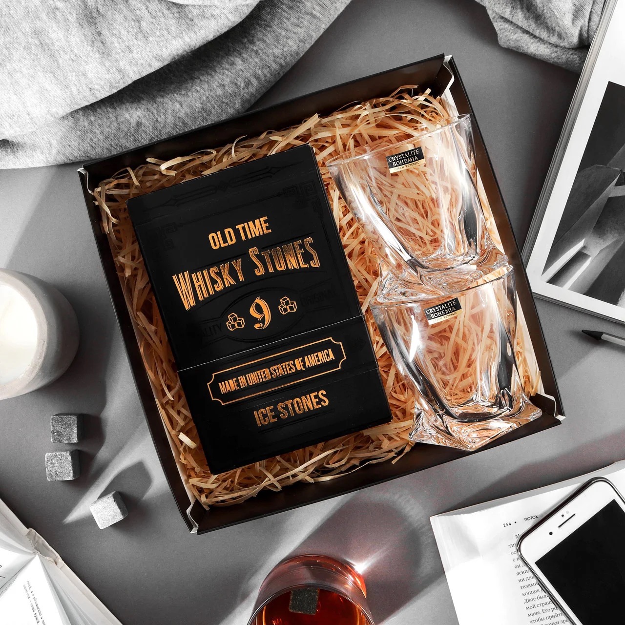 

Камни для виски Whiskey Stones 9 шт Красива упаковка + 2 бокали Богемия + Подарок мешочек 4000