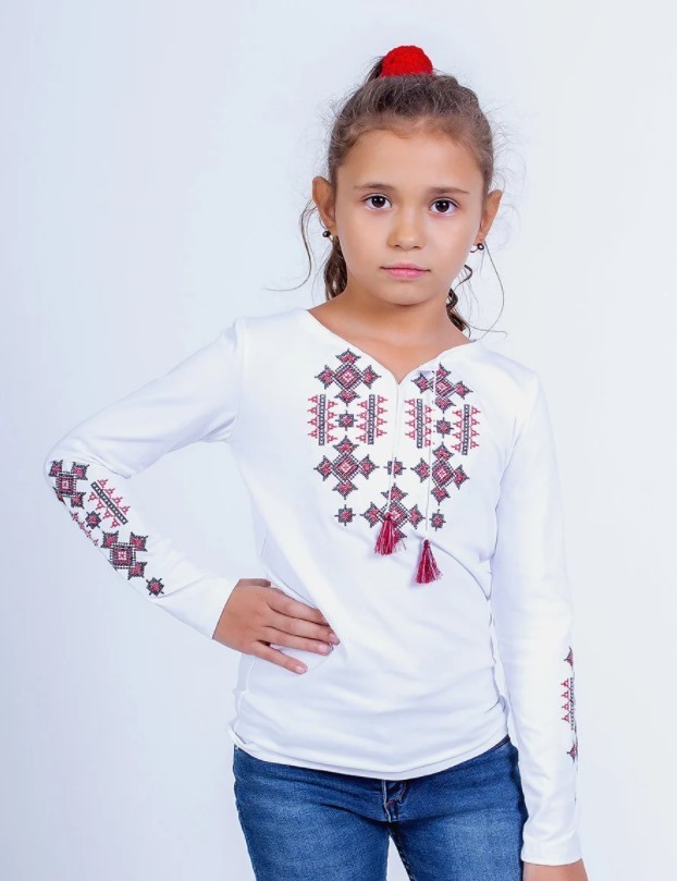 

Вышитая футболка с длинным рукавом для девочки Melanika, с геометрическим орнаментом Звездное сияние (красная) белая 140