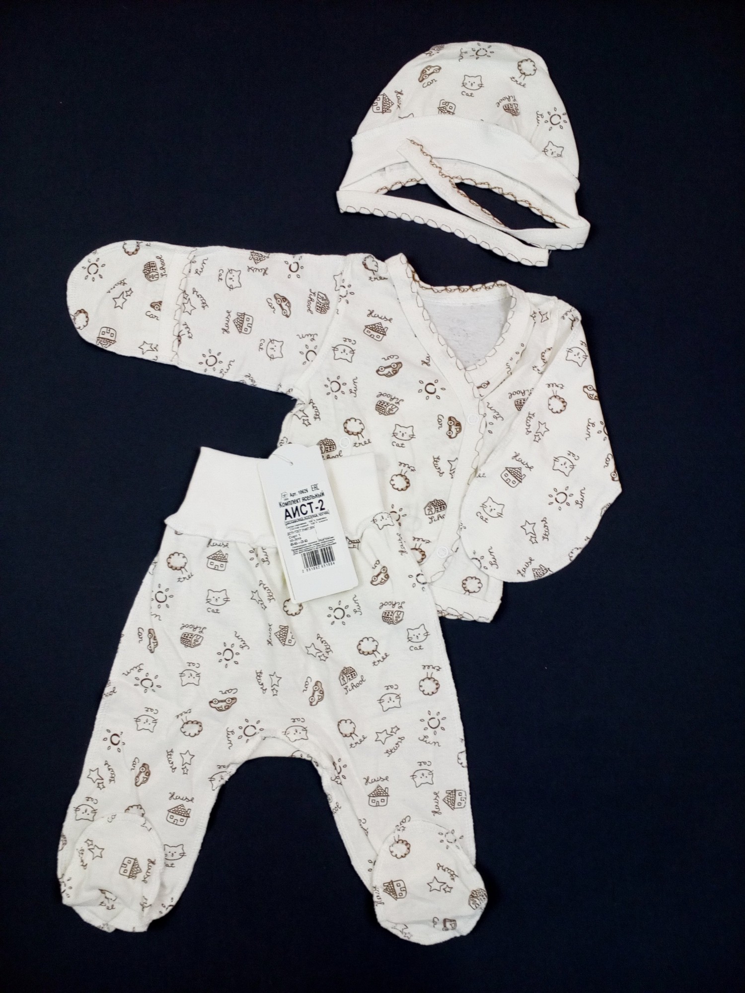 

Комплект из кулира распашонка+ползунки+чепчик Аист-2 Gabbi Урок английского 50см молочный 10626