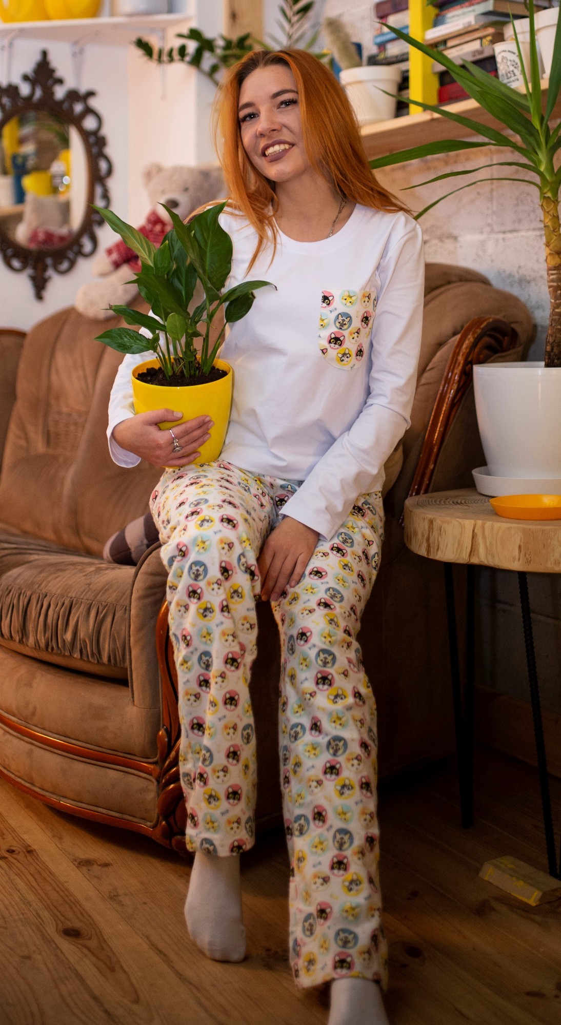 

Фланелевая пижама (кофта+брюки) Pijama po fanu XXL бежевая с котиками 111160