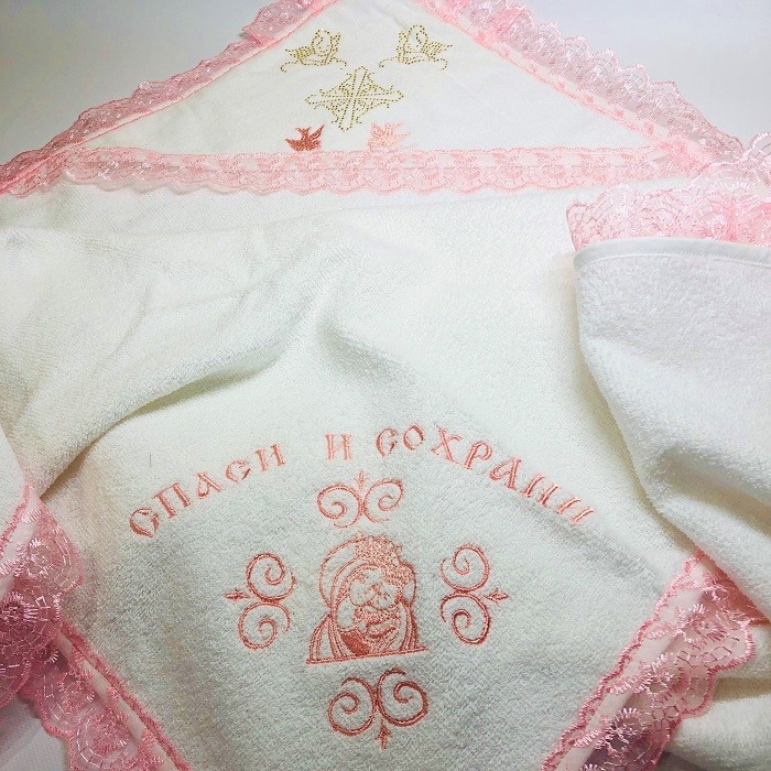 

Крыжма махровая для крещения с льняным кружевом с уголком Cotton Area 100*100 см