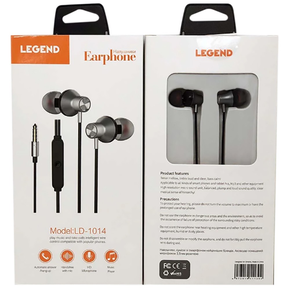 

Наушники проводные с микрофоном Legend LD-1014 вакуумные Черные