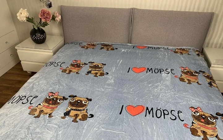 

Мягкий плед покрывало Велсофт 180х200 см (Серое с мопсами)