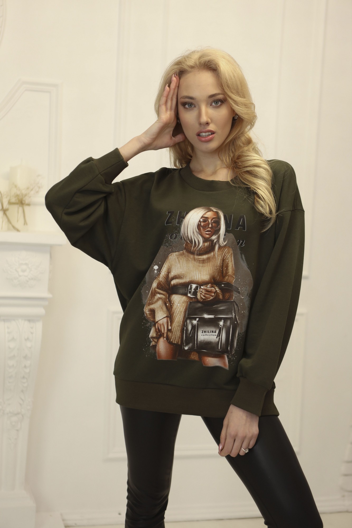 

Женский свитшот с принтом Zhilina collection S-01S  Хаки, Женский свитшот с принтом Zhilina collection S-01S L Хаки