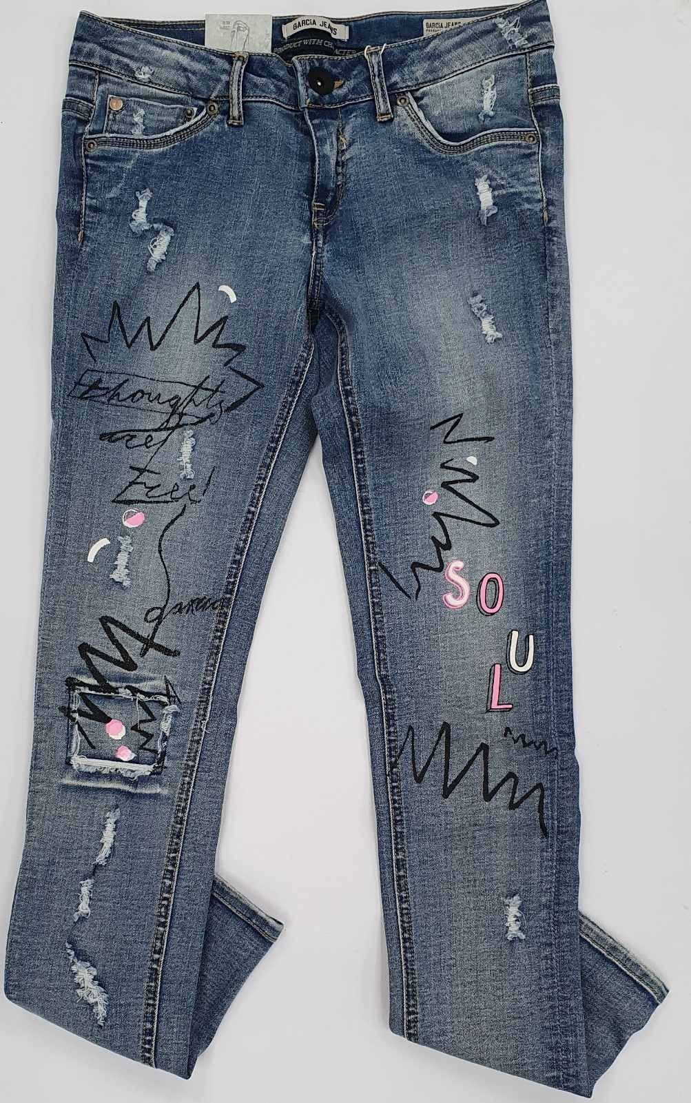 

Джинсы Garcia Jeans молодежные стильные с принтом для девочек, демисезонные, размер на рост 152см, голубого цвета