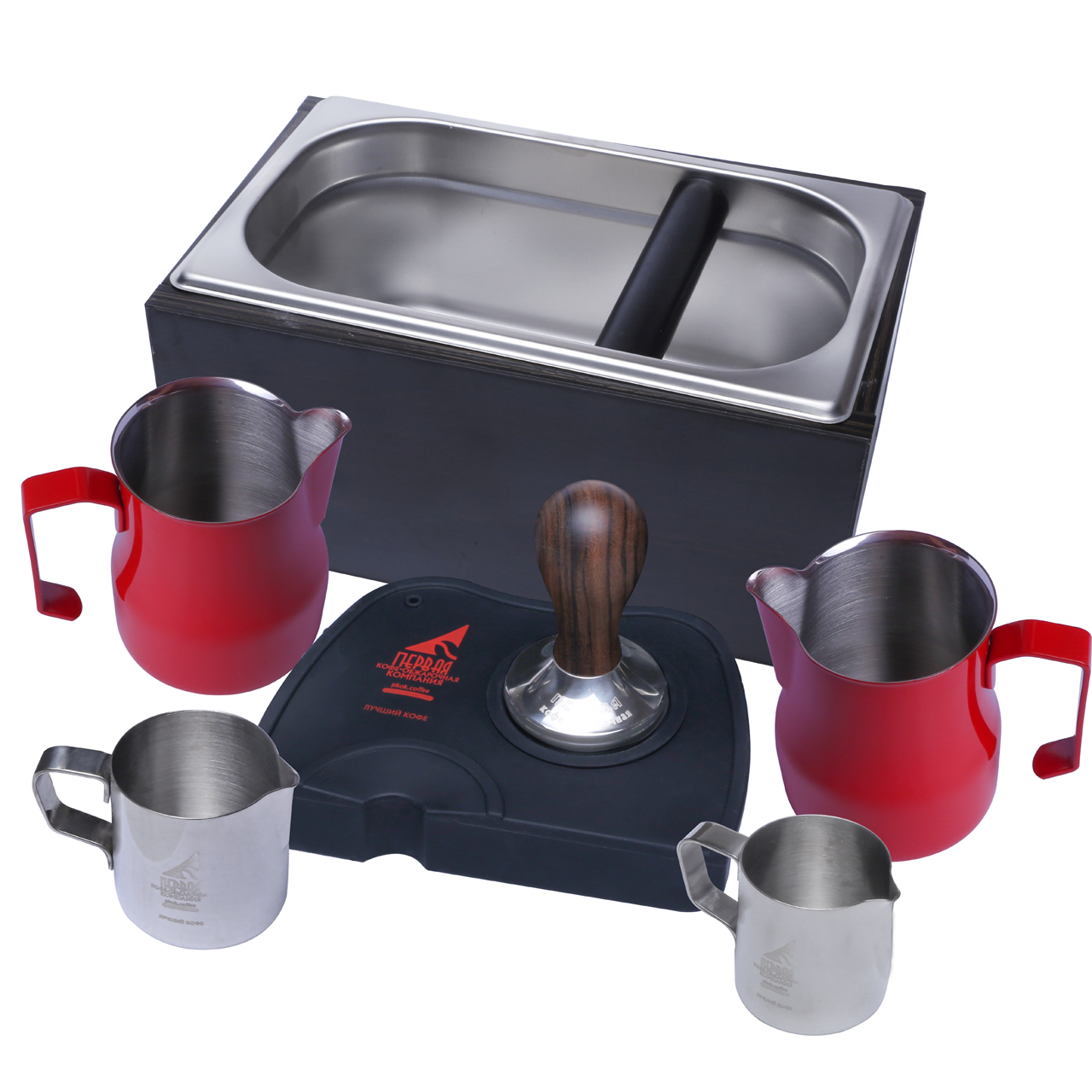 

Темпер для кофе сандаловое дерево+Питчер для молока тип Мотта 2шт+Сливочник 2шт+Коврик+Нок-Бокс (42)