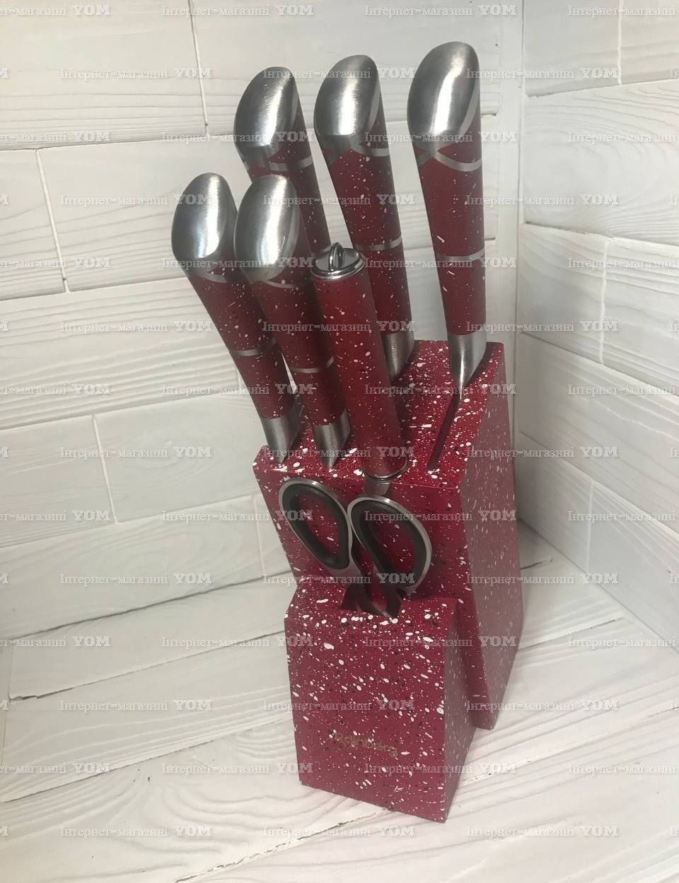 

Набор кухонных ножей Rainberg Rb-8805 8 в 1 из нержавеющей стали на красной деревянной подставке