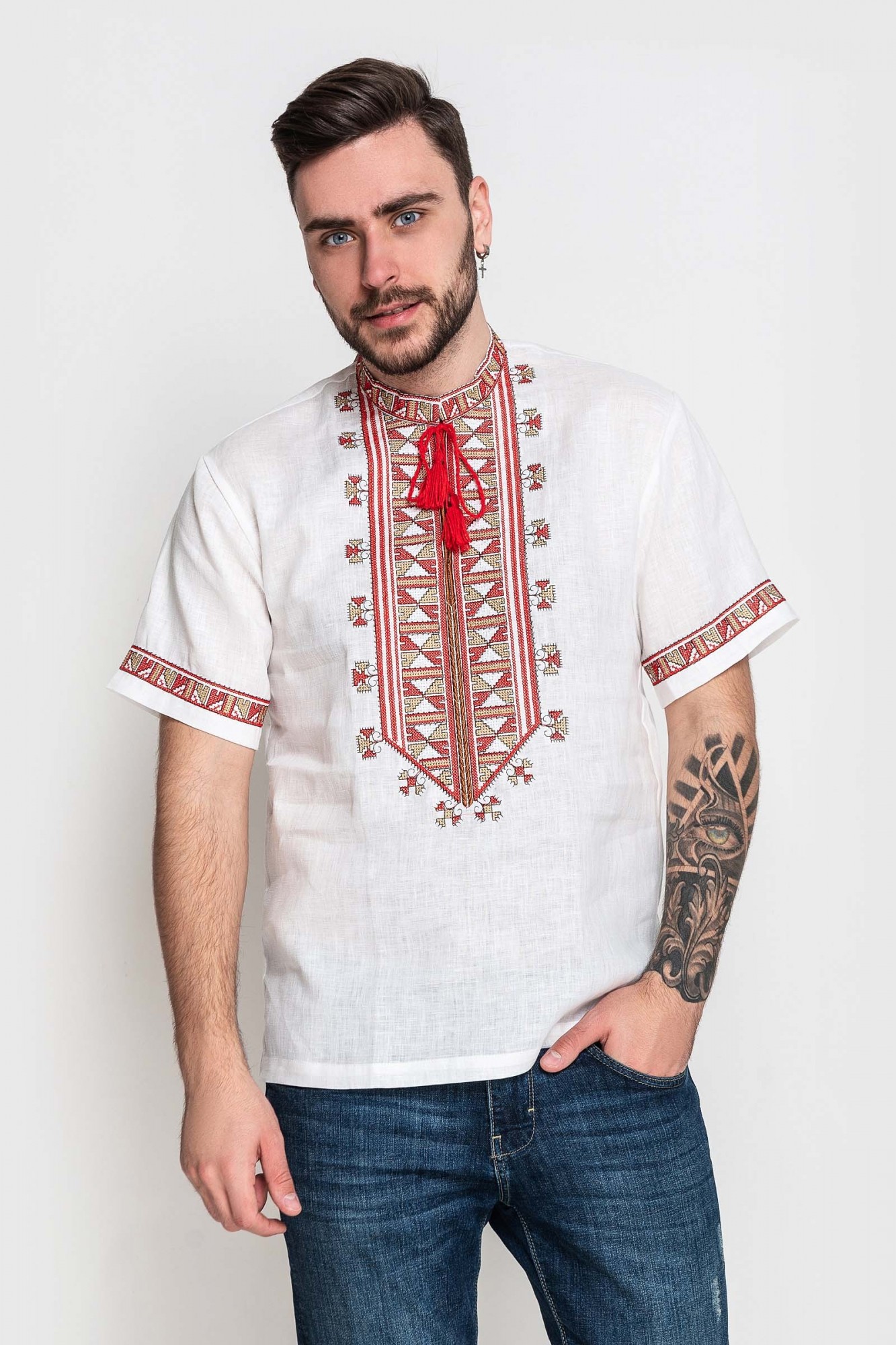 

Вышиванка Narodnyy Butik Мужская вышиванка 3/4 рукав Гетьман красная вишивка Белая  2005, Вышиванка Narodnyy Butik Мужская вышиванка 3/4 рукав Гетьман красная вишивка Белая 52 2005