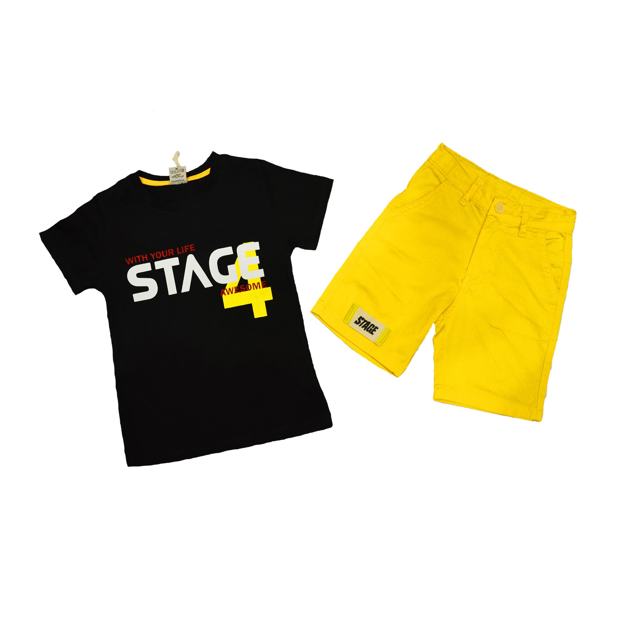 

Комплект для мальчика ( 1 шт ) Турция чёрная футболка с короткими рукавами и надписью и жёлтые шорты 4 года (104-110см) 529