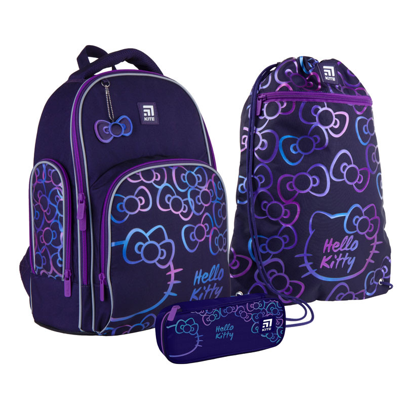 

Школьный набор рюкзак + пенал + сумка Kite Hello Kitty (HK21-706M) 800 г 38x29x16,5 см 16 л фиолетовый
