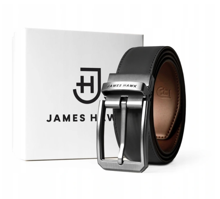 

Мужской ремень двусторонний кожаный James Hawk черный + светло-коричневый 110 см