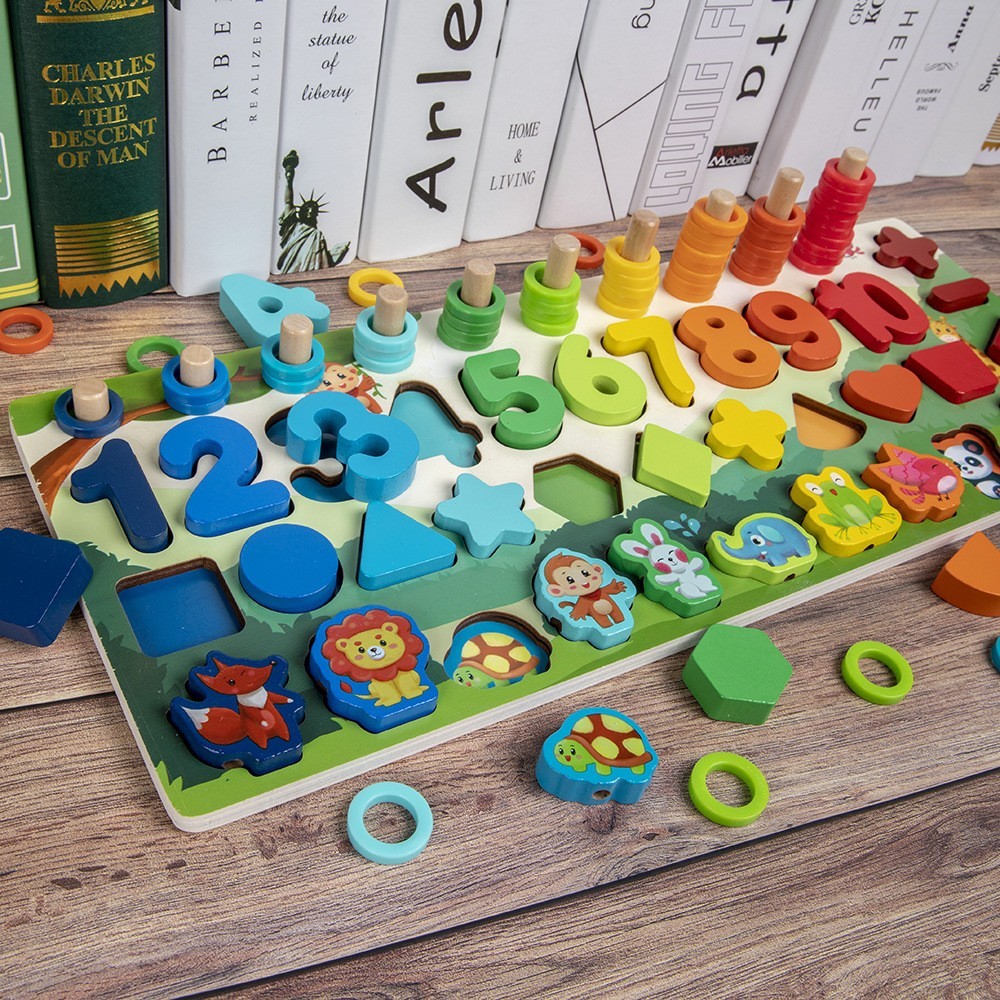 

Деревянная развивающая доска-сортер на 100 деталей Wood Toys Для изучения цифр, цветов, геометрических фигур, животных