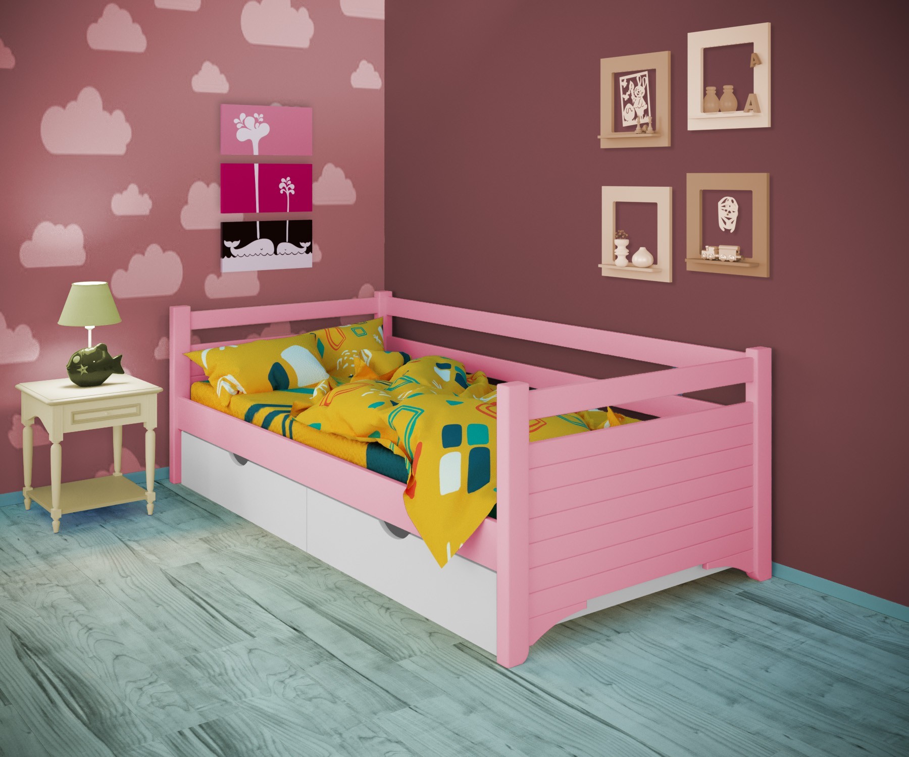 

Кровать односпальная тахта RainbowDream Дюпон 80х190 см розовый массив ольхи, с ящиками
