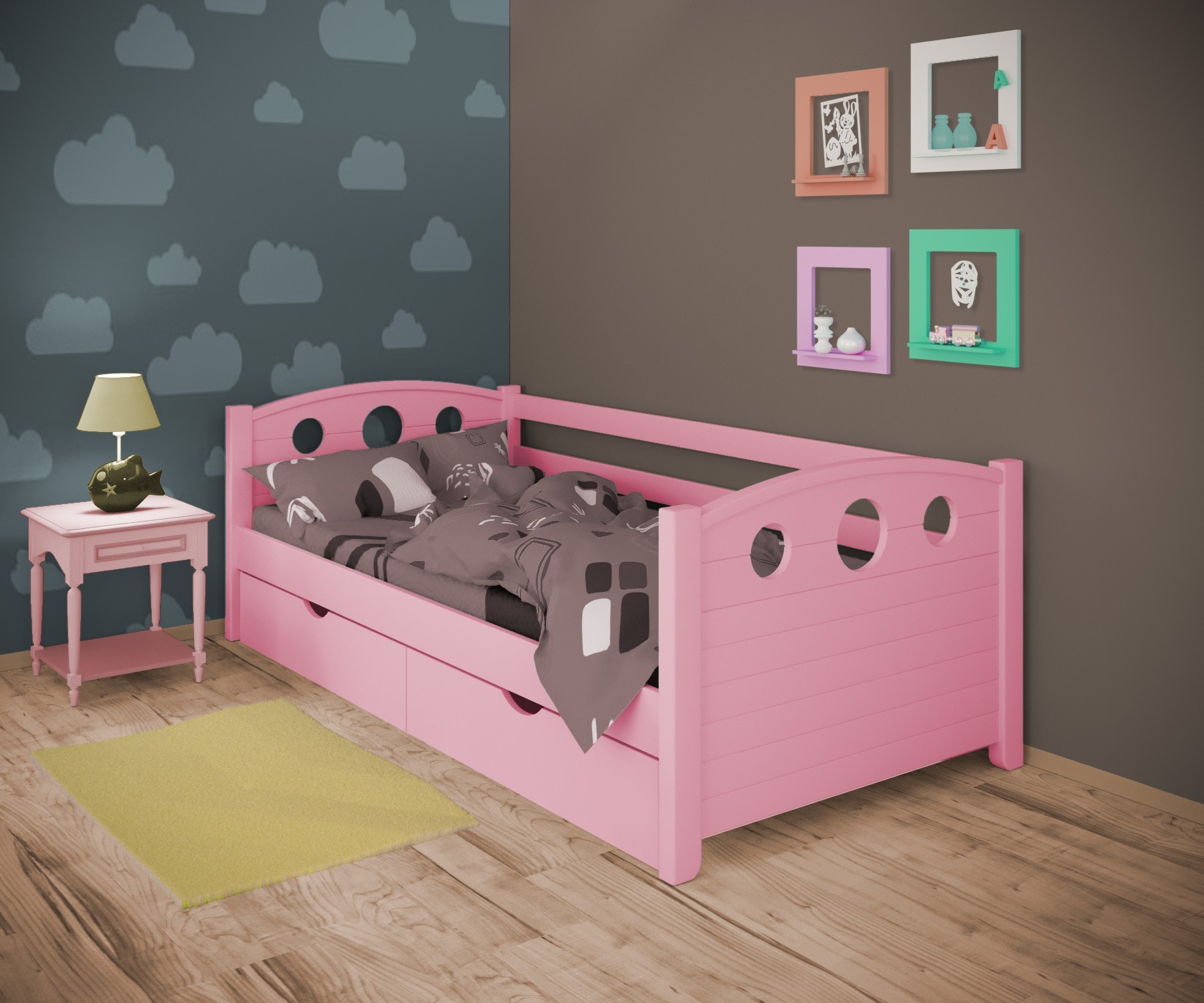 

Кровать односпальная тахта RainbowDream Окки 80х190 см розовый массив ольхи, с ящиками