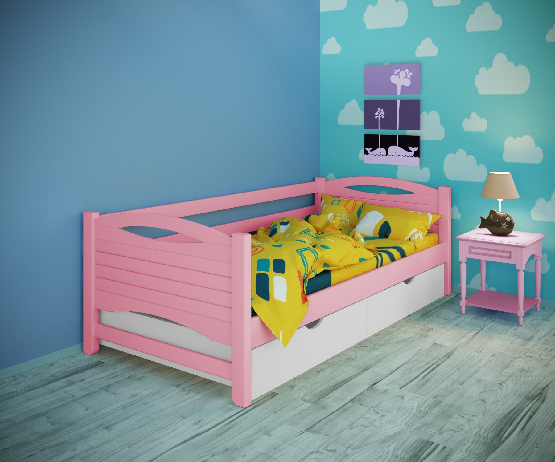 

Кровать односпальная тахта RainbowDream Анимона 80х190 см розовый массив ольхи, с ящиками