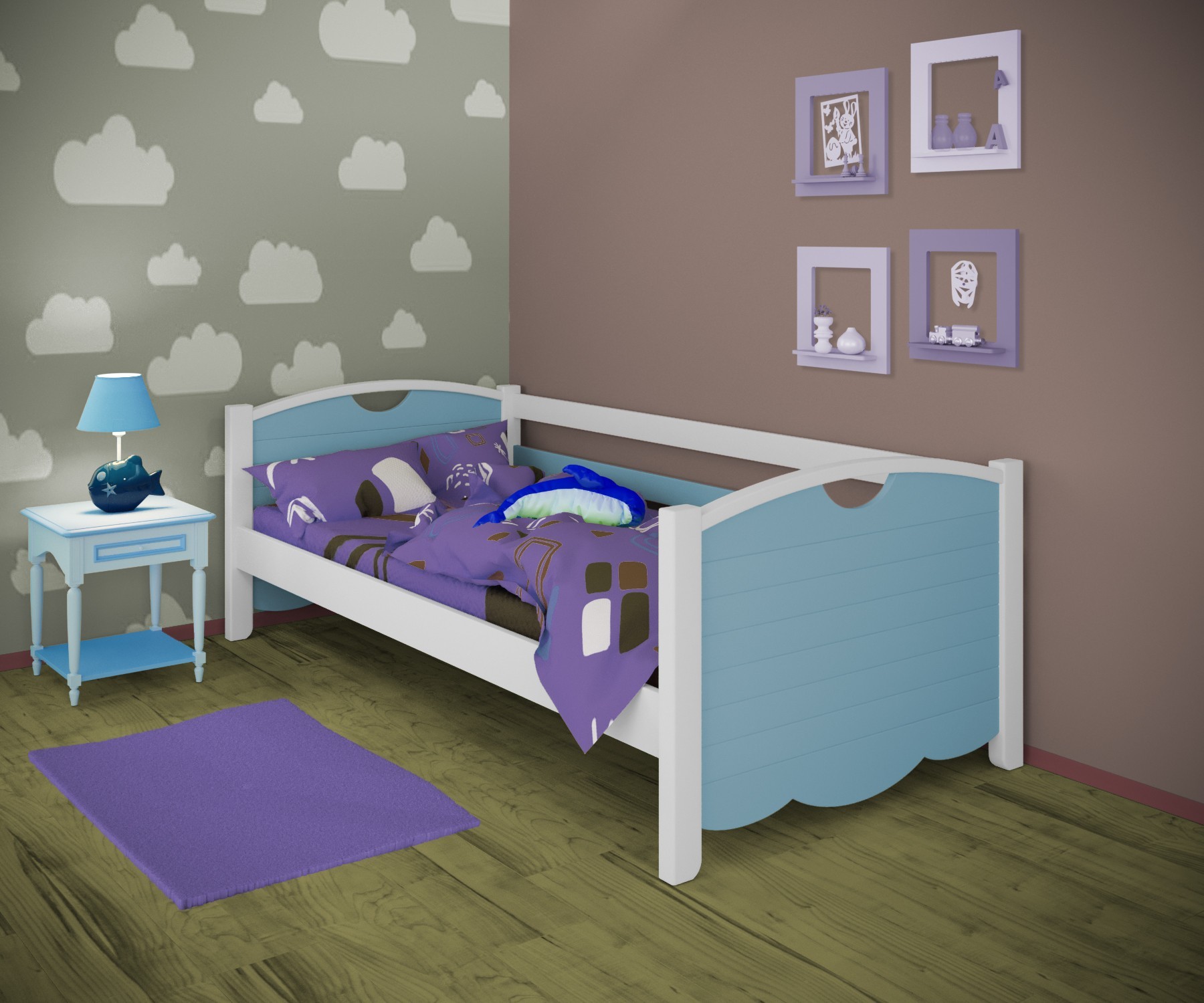 

Кровать односпальная тахта RainbowDream Белла 90х190 см бело-голубой массив ольхи, без ящиков