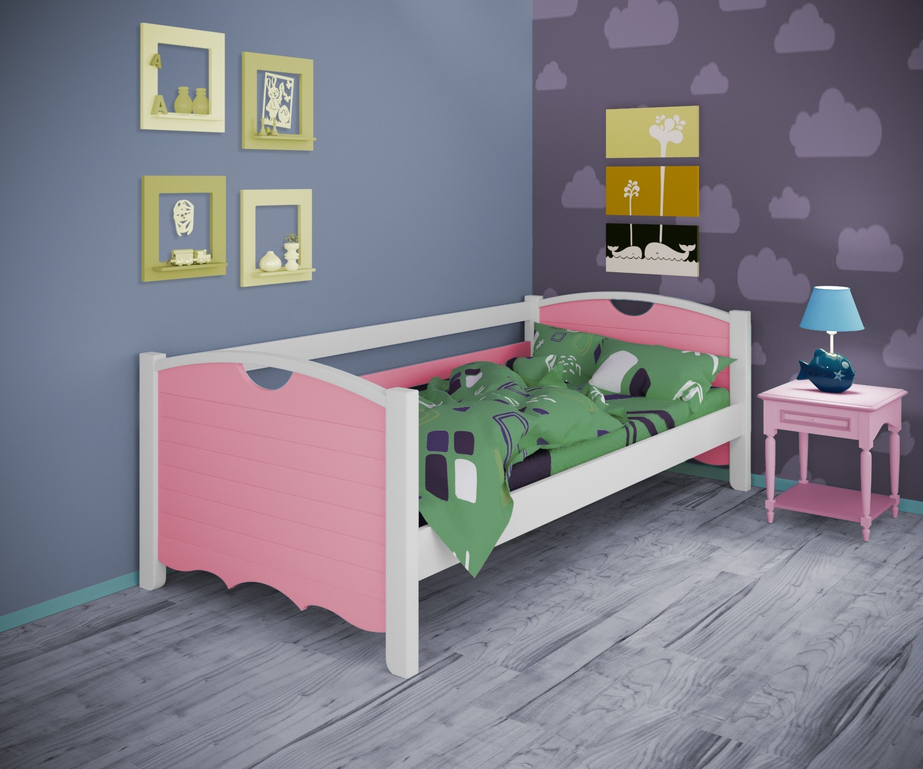 

Кровать односпальная тахта RainbowDream Дженни 90х190 см бело-розовый массив ольхи, без ящиков