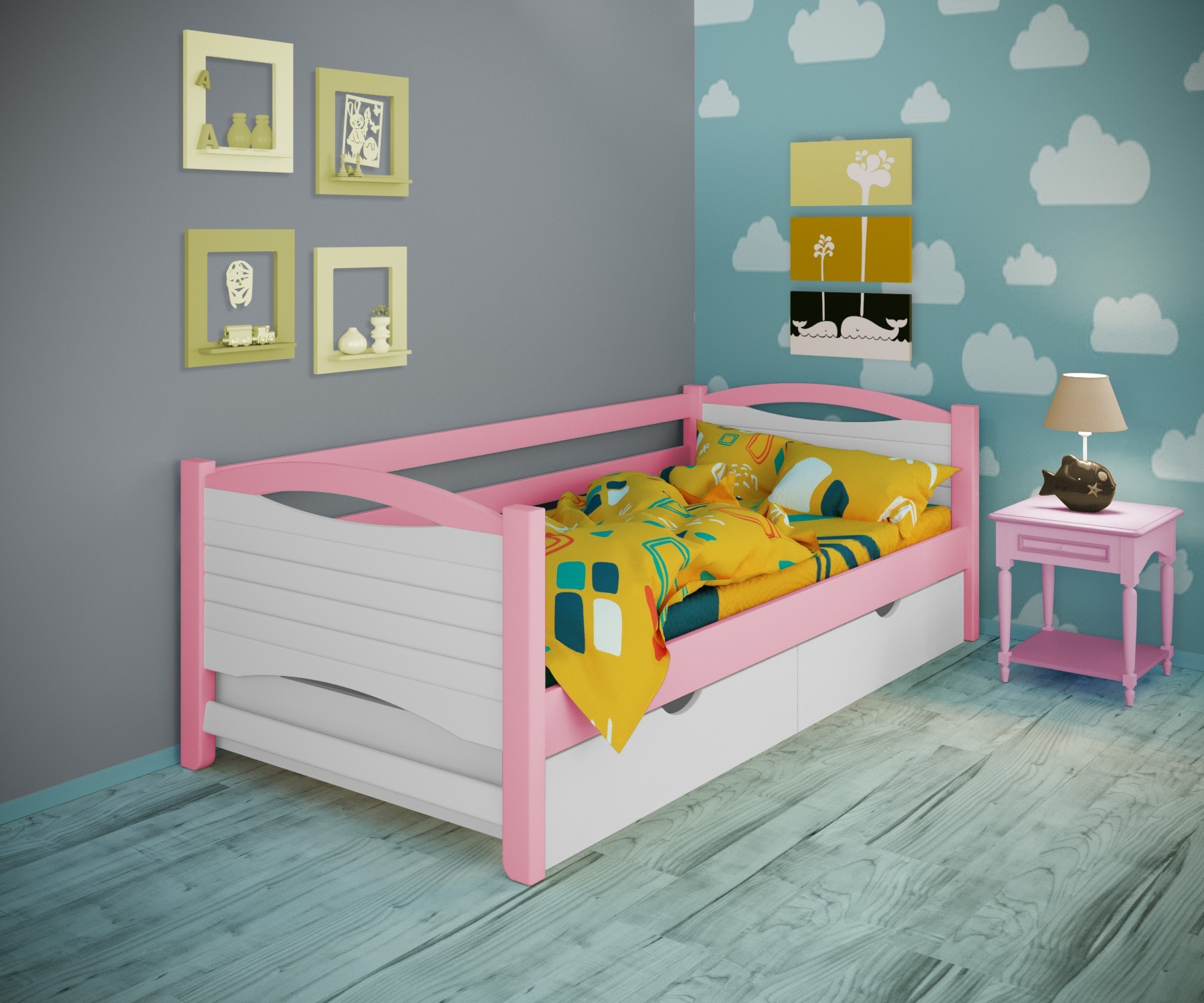 

Кровать односпальная тахта RainbowDream Анимона 90х190 см бело-розовый массив ольхи, с ящиками