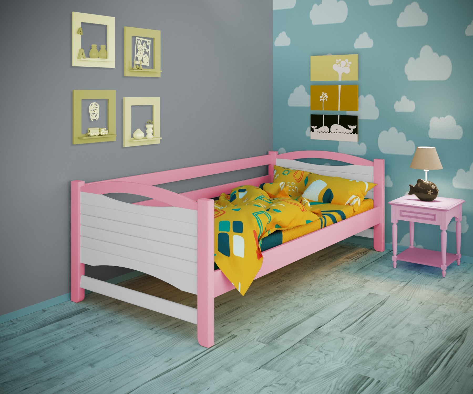 

Кровать односпальная тахта RainbowDream Анимона 90х190 см бело-розовый массив ольхи, без ящиков
