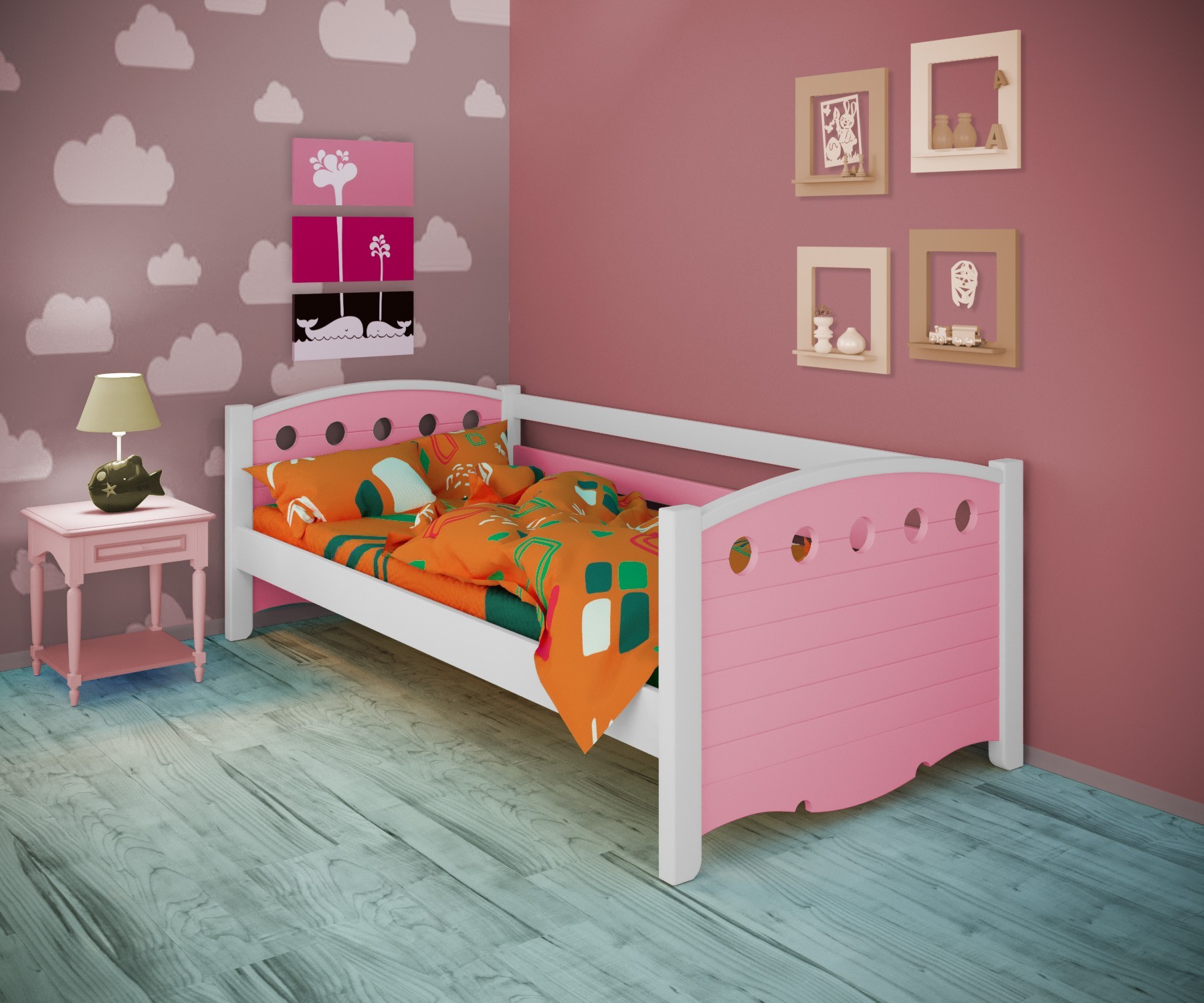 

Кровать односпальная тахта RainbowDream Анри 90х190 см бело-розовый массив ольхи, без ящиков