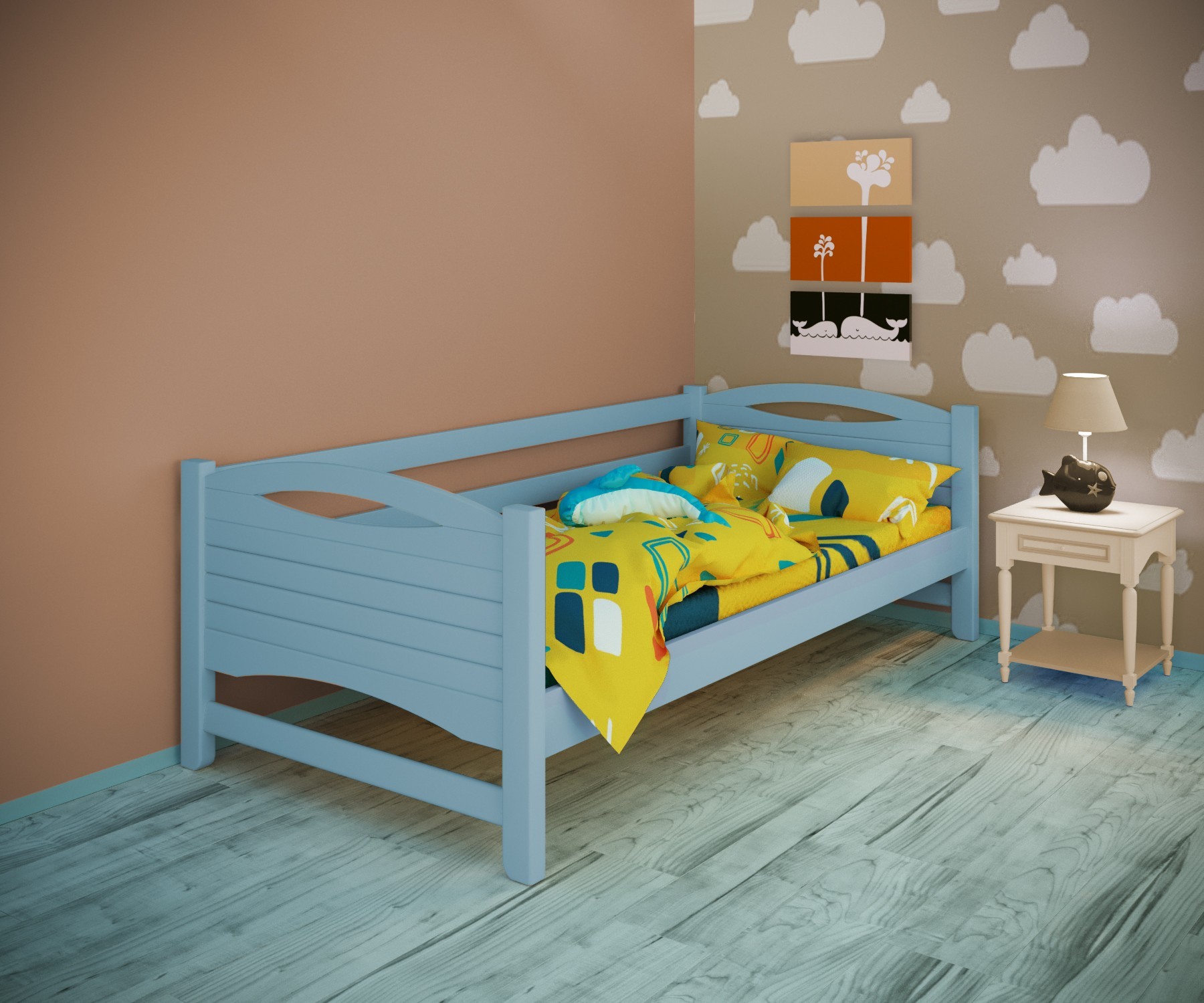 

Кровать односпальная тахта RainbowDream Анимона 90х190 см голубой массив ольхи, без ящиков