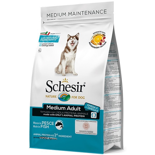 

Сухой монопротеиновый корм для взрослых собак средних пород Шезир Schesir Dog Medium Adult Fish с рыбой, 12 кг (8005852161086)