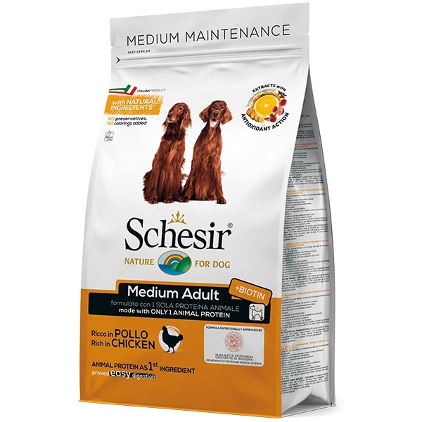 

Сухой монопротеиновый корм для взрослых собак средних пород Шезир Schesir Dog Medium Adult Chicken с курицей, 3 кг (8005852160003)