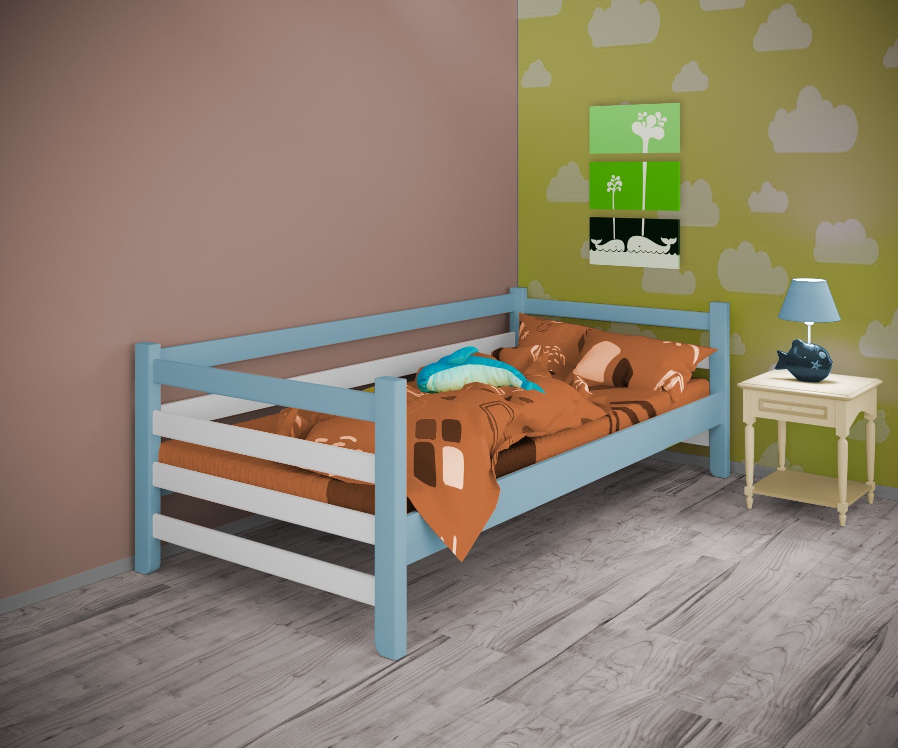 

Кровать односпальная тахта RainbowDream Томас 90х190 см бело-голубой массив ольхи, без ящиков
