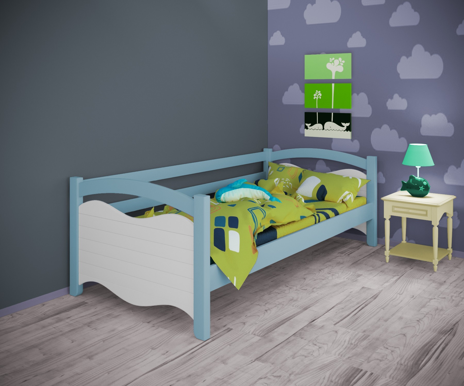 

Кровать односпальная тахта RainbowDream Фабертино 90х190 см бело-голубой массив ольхи, без ящиков