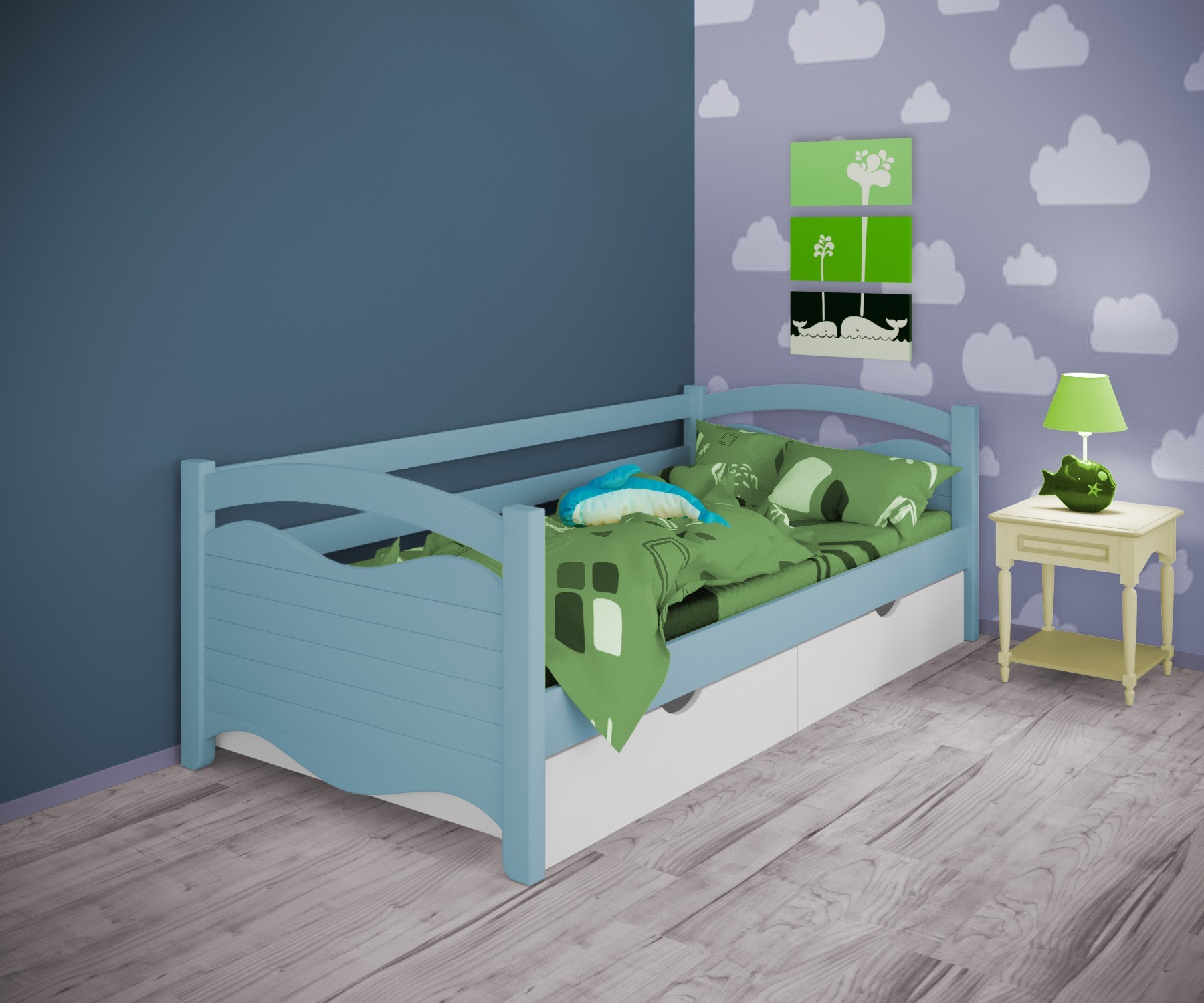 

Кровать односпальная тахта RainbowDream Фабертино 90х190 см голубой массив ольхи, с ящиками
