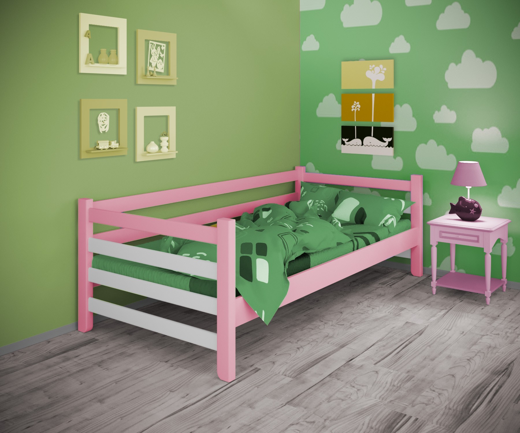 

Кровать односпальная тахта RainbowDream Томас 90х190 см бело-розовый массив ольхи, без ящиков