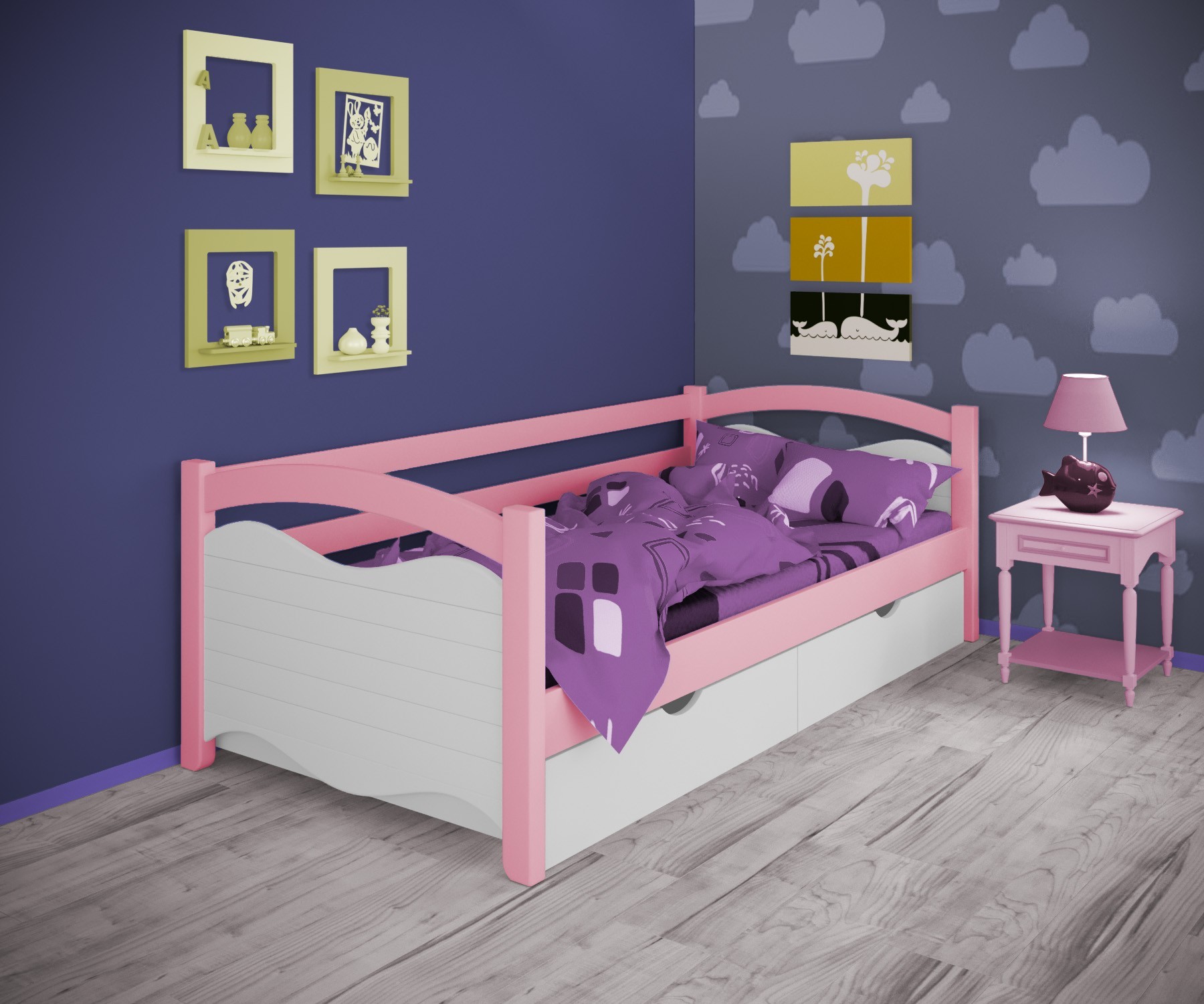 

Кровать односпальная тахта RainbowDream Фабертино 90х190 см бело-розовый массив ольхи, с ящиками
