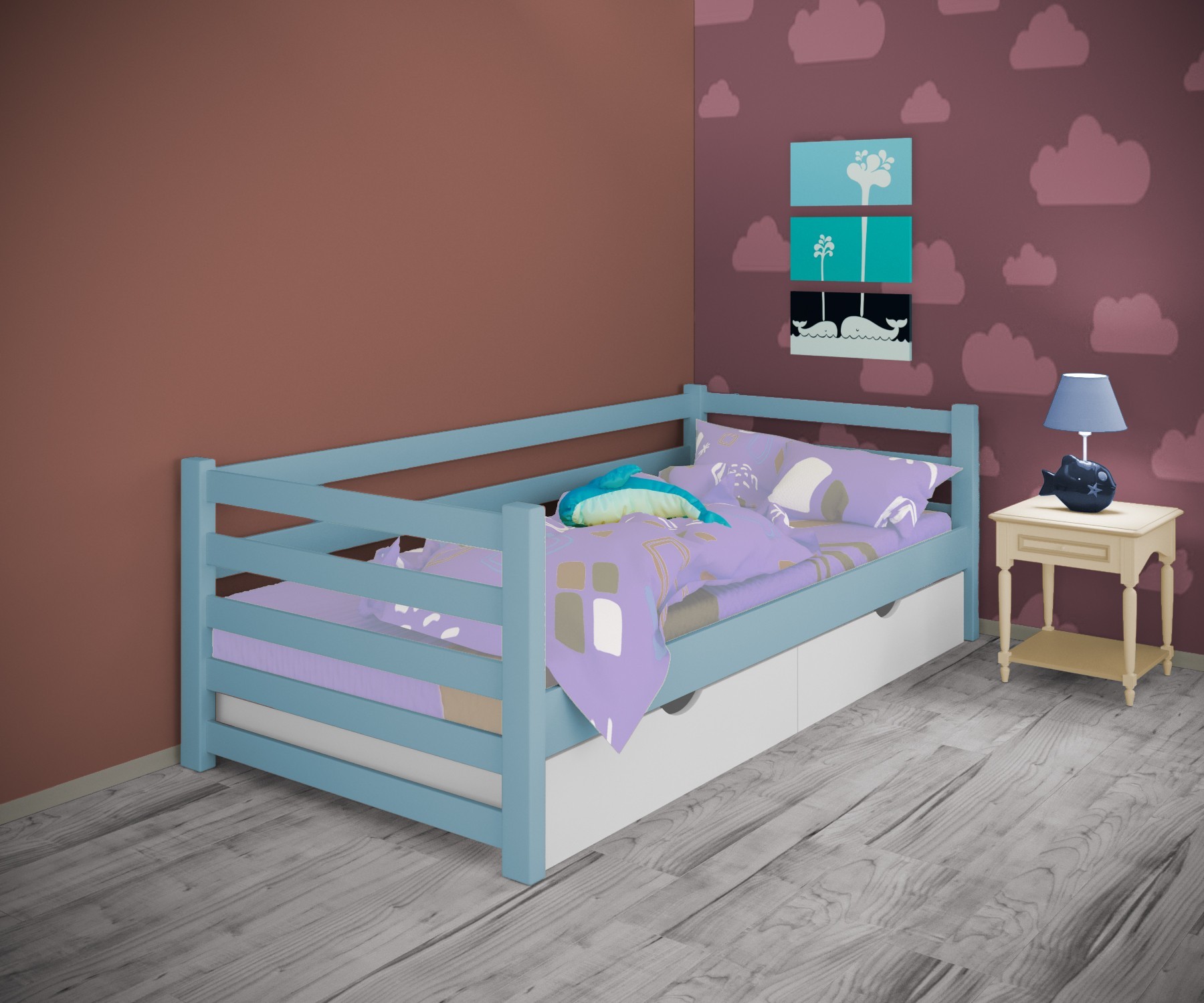 

Кровать односпальная тахта RainbowDream Ламия 90х190 см голубой массив ольхи, с ящиками