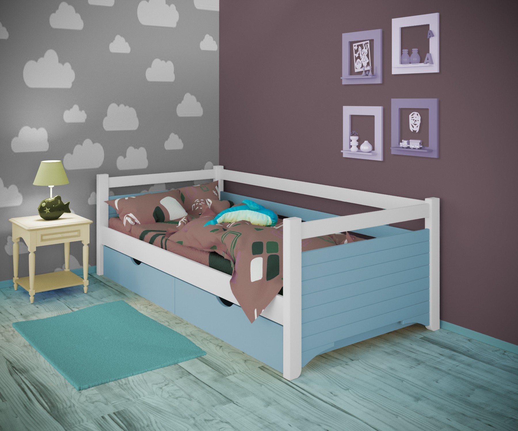 

Кровать односпальная тахта RainbowDream Дюпон 90х190 см бело-голубой массив ольхи, с ящиками