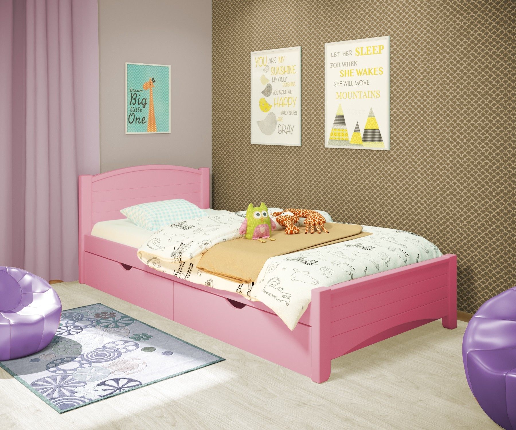 

Кровать односпальная RainbowDream Доминика 80х190 см розовый массив ольхи, с ящиками