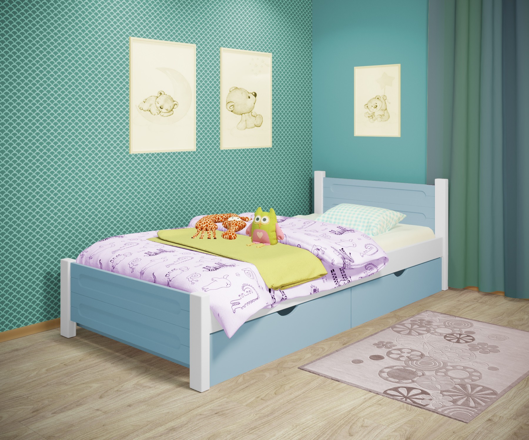

Кровать односпальная RainbowDream Йокка 80х190 см бело-голубой массив ольхи, с ящиками